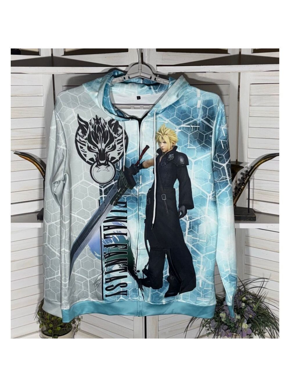 NWOT Final Fantasy teal hoodie sweatshirt gray black graphics zipper pocket sz L
